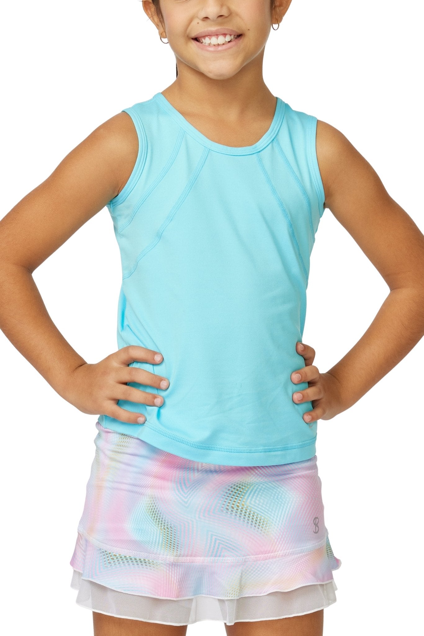  A girl wearing a light blue Sofibella Girls UV Tank Top on a white background