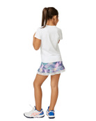 A girl wearing a white Sofibella UV Girls Cap Sleeve Tie T-Shirt on a white background