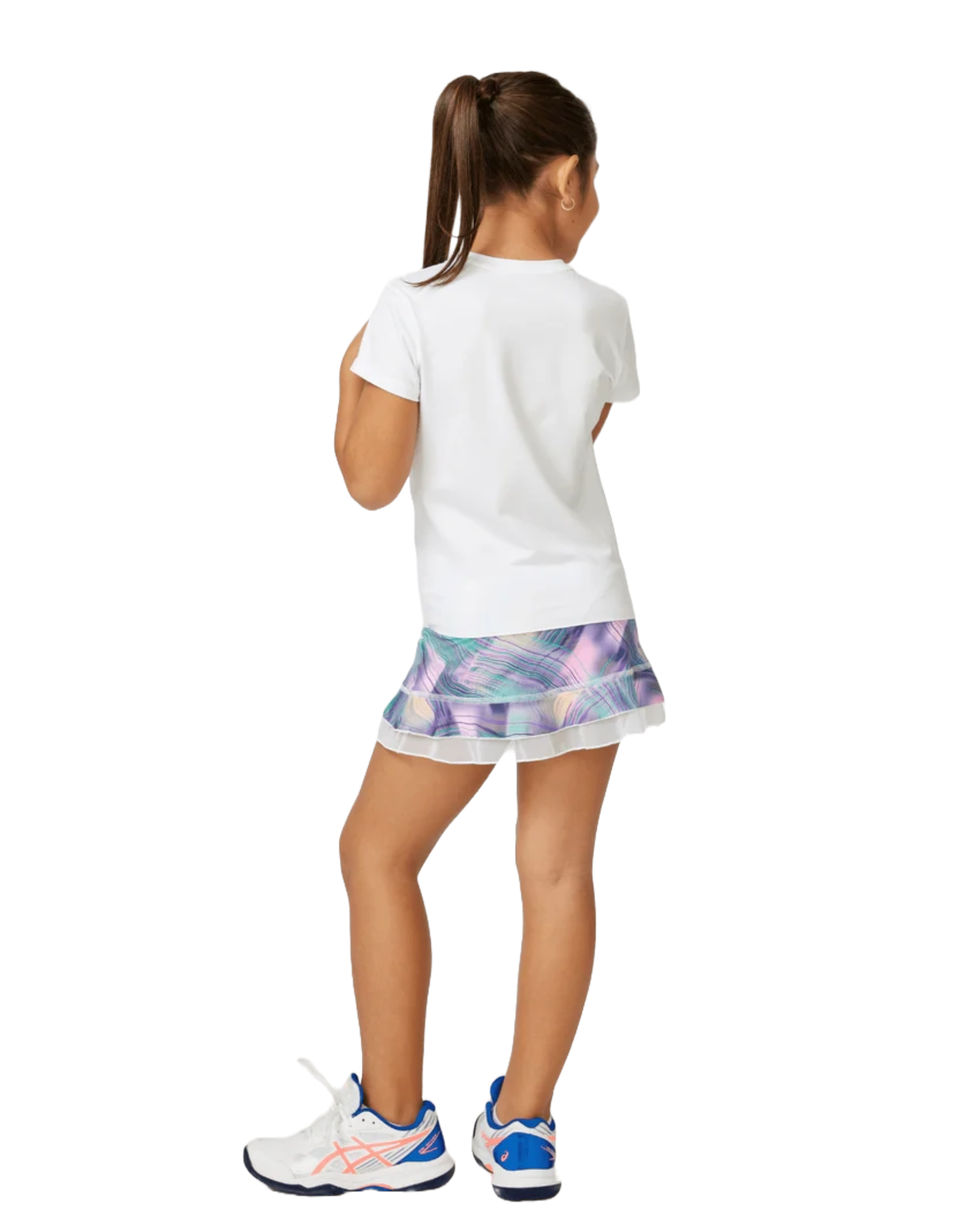 A girl wearing a white Sofibella UV Girls Cap Sleeve Tie T-Shirt on a white background