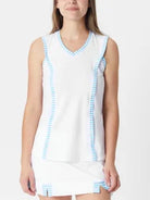 White sleeveless Sofibella Womens White Racquet Tank Top with blue trim worn by a woman on a white background