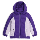 A Spyder Bitsy Girls' Zadie Ski Jacket in purple with a hood, featuring a zippered front and hand pockets, and a fixed powder skirt with snaps.