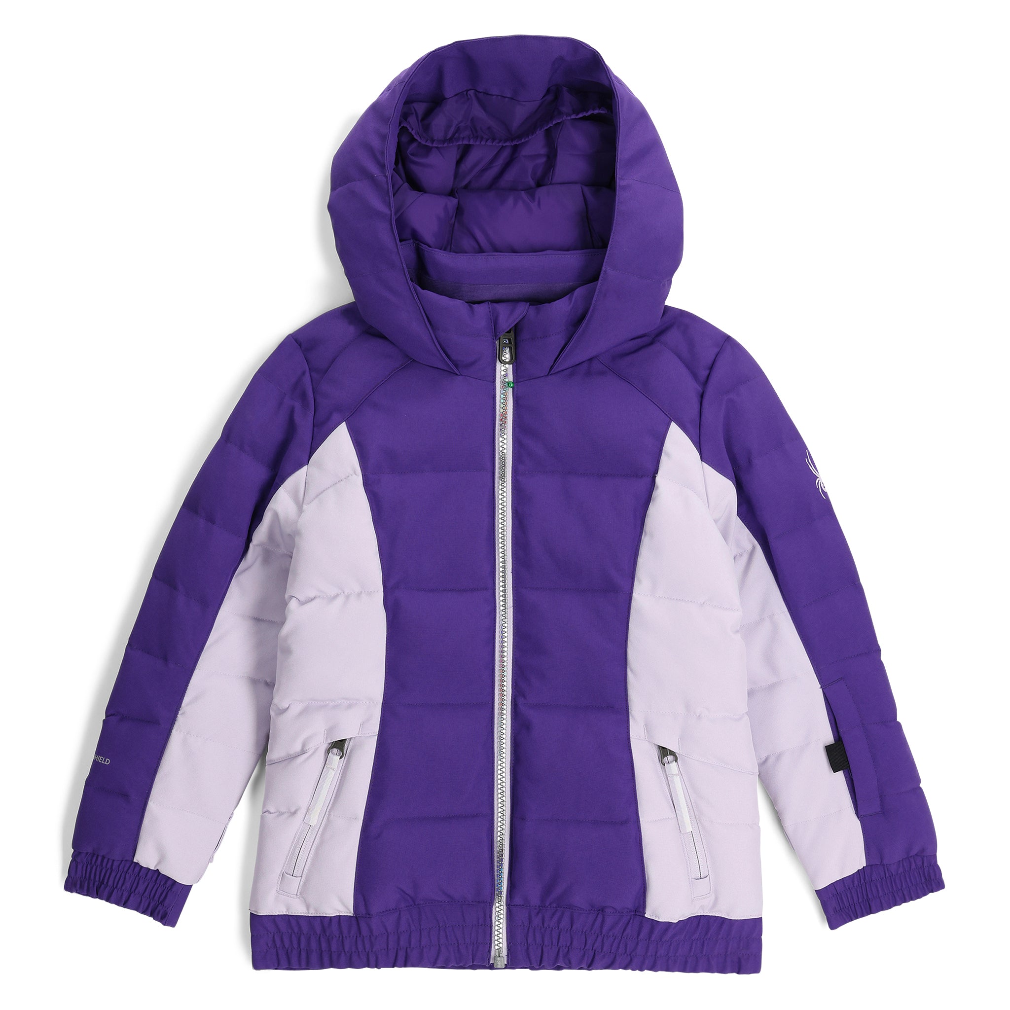 A Spyder Bitsy Girls' Zadie Ski Jacket in purple with a hood, featuring a zippered front and hand pockets, and a fixed powder skirt with snaps.