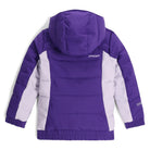 A Spyder Bitsy Girls' Zadie Ski Jacket in purple with a hood, featuring a zippered front and hand pockets, and a fixed powder skirt with snaps.