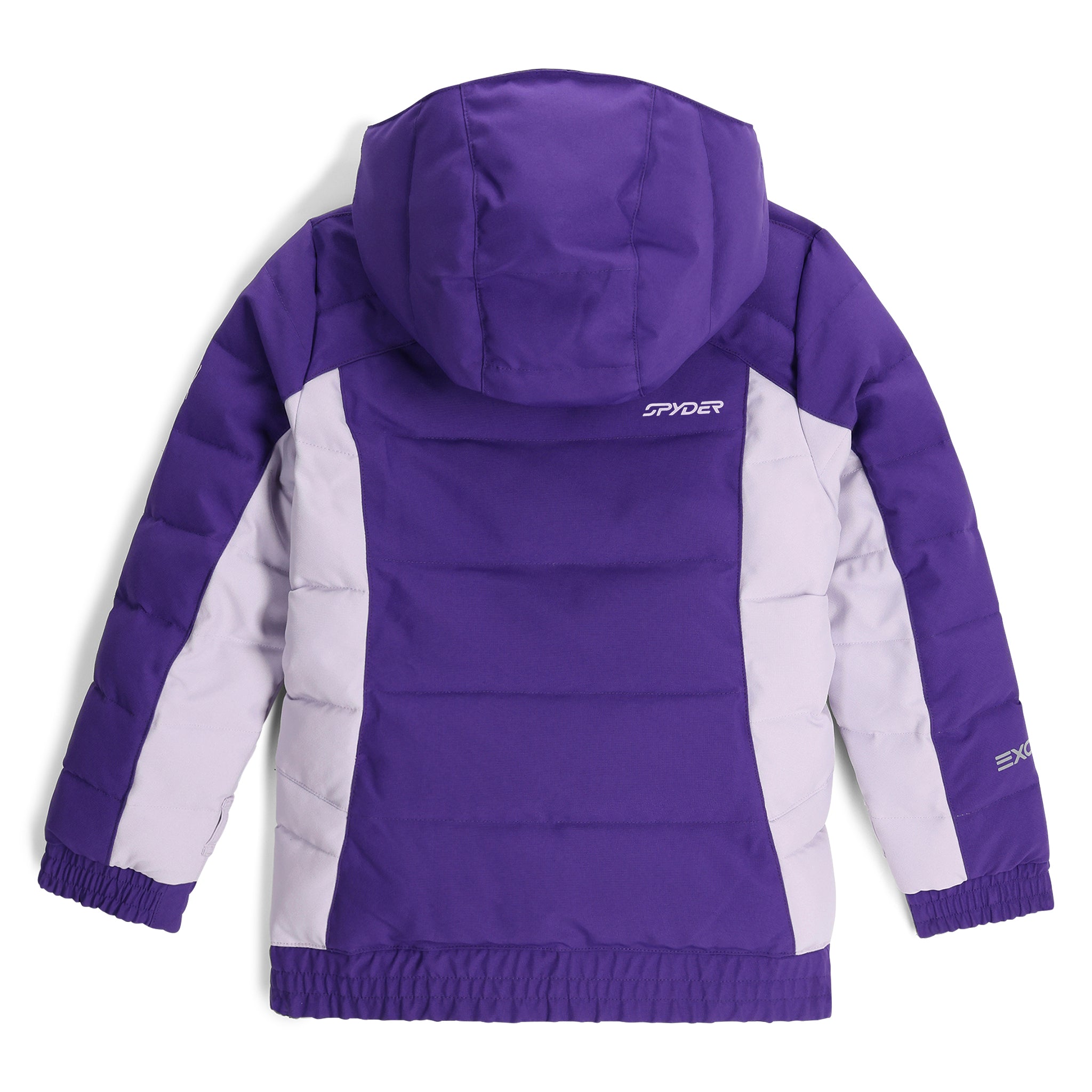 A Spyder Bitsy Girls' Zadie Ski Jacket in purple with a hood, featuring a zippered front and hand pockets, and a fixed powder skirt with snaps.