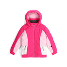 A Spyder Bitsy Girls' Zadie Ski Jacket in pink with a hood, featuring a zippered front and hand pockets, and a fixed powder skirt with snaps.