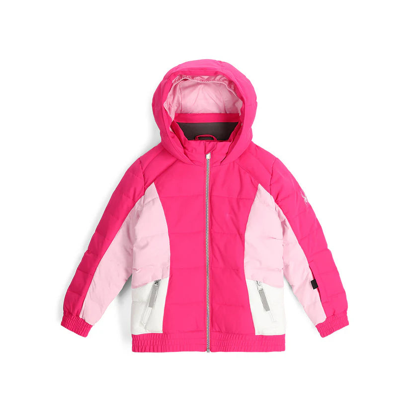 A Spyder Bitsy Girls' Zadie Ski Jacket in pink with a hood, featuring a zippered front and hand pockets, and a fixed powder skirt with snaps.