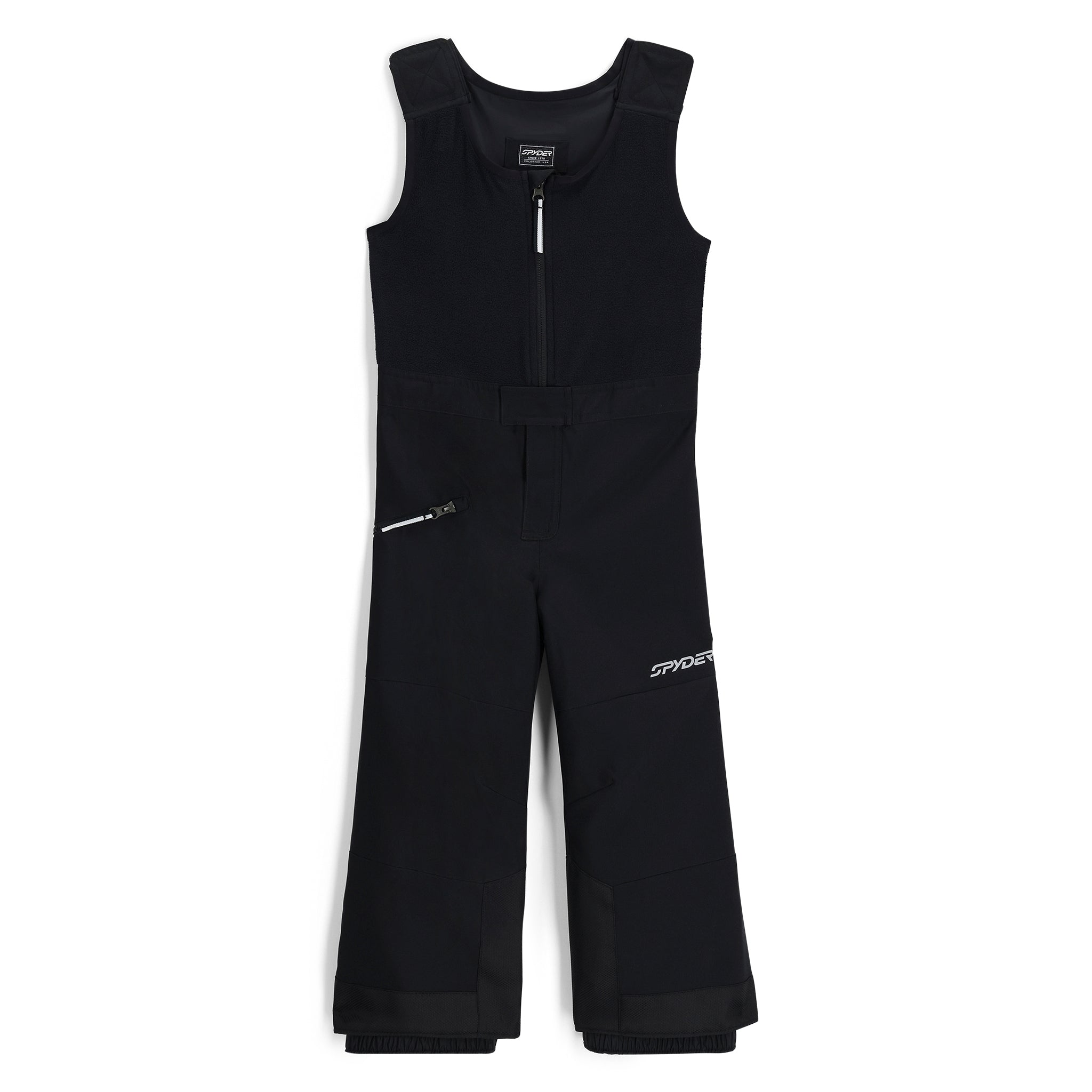 A pair of black Spyder Boys' Expedition Ski Pants that are waterproof, breathable, stretchable, and warm.