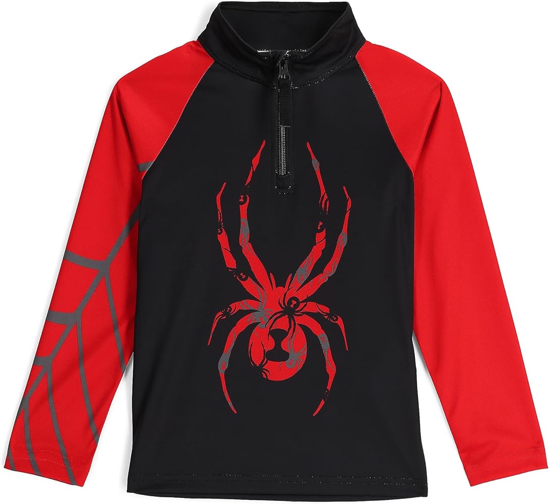 A black and red Spyder Boys' Mini Bug 1/2 Zip Turtleneck Midlayer Sweater that is breathable, stretchable, and moisture-wicking.
