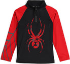 A black and red Spyder Boys' Mini Bug 1/2 Zip Turtleneck Midlayer Sweater that is breathable, stretchable, and moisture-wicking.