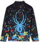 A black Spyder Boys' Mini Digital 1/2 Zip Turtleneck Midlayer Sweater with a multicolored geometric pattern.