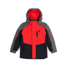 A grey, red, and black Spyder Boys' Mini Impulse Synthetic Down Ski Jacket that is waterproof, breathable, stretchable, and warm.