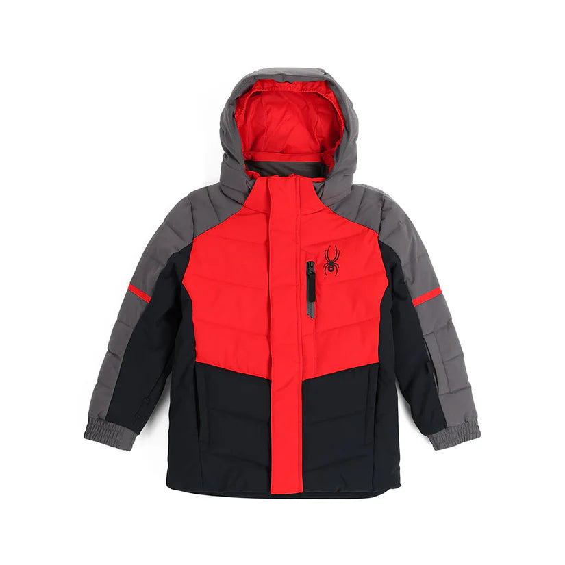 A grey, red, and black Spyder Boys' Mini Impulse Synthetic Down Ski Jacket that is waterproof, breathable, stretchable, and warm.