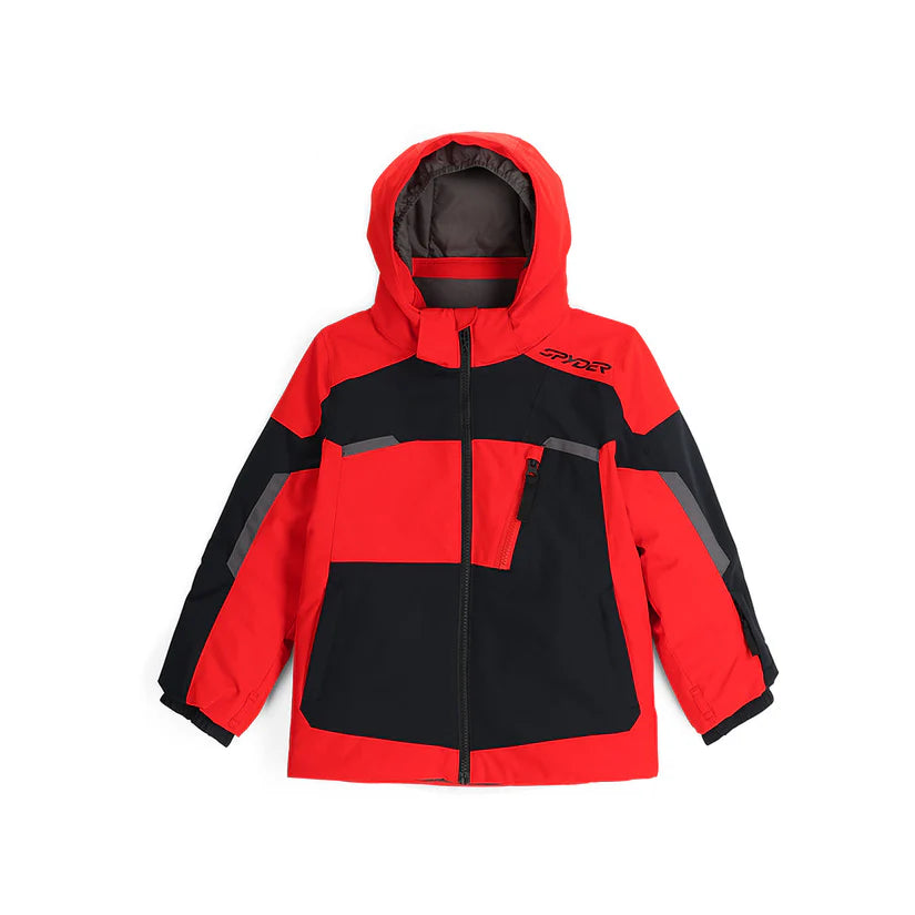 A Spyder Boys' Mini Leader ski jacket with a red and black color scheme, featuring a hood, zippered pockets, and designed for warmth and mobility.
