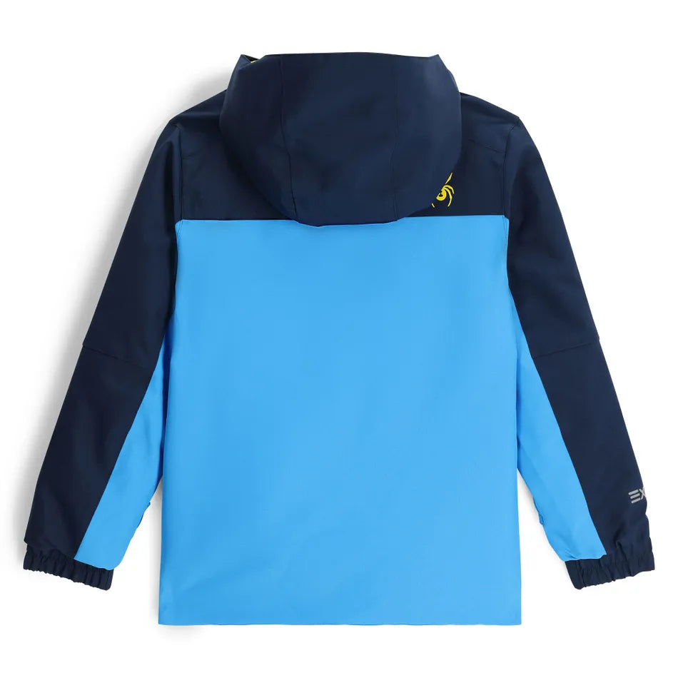 A light blue and navy blue Spyder Boys' Mini Slash Ski Jacket that is waterproof, breathable, stretchable, and insulated.