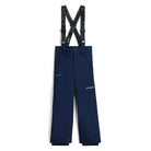 A pair of navy blue Spyder Boys' Propulsion Ski Pants that are waterproof, insulated, breathable, and stretchable.
