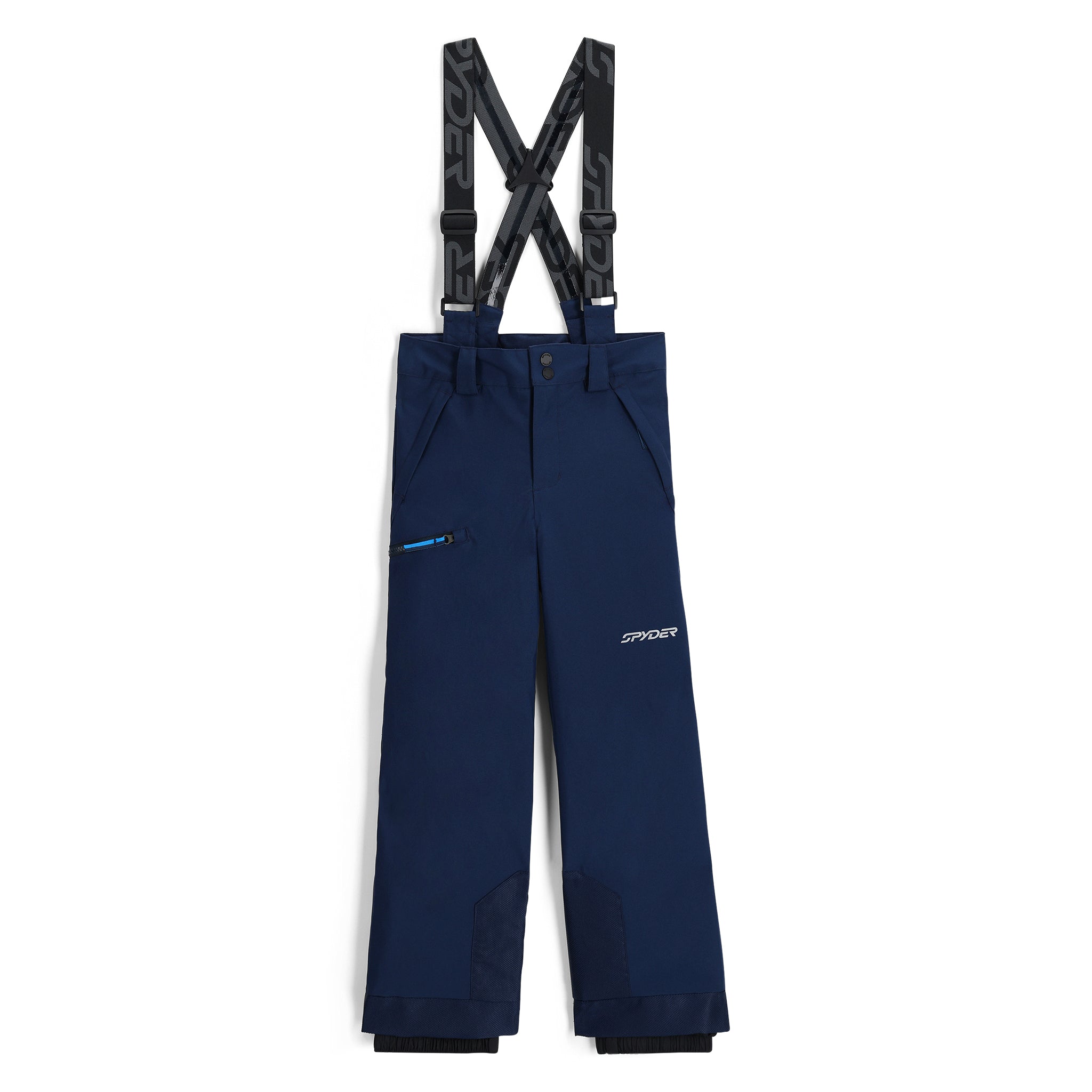A pair of navy blue Spyder Boys' Propulsion Ski Pants that are waterproof, insulated, breathable, and stretchable.