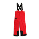 A pair of red Spyder Boys' Propulsion Ski Pants that are waterproof, insulated, breathable, and stretchable.