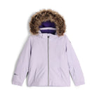A Spyder Girls' Bitsy Lola Ski Jacket in purple with a faux fur hood, featuring a front zipper and a detachable hood.