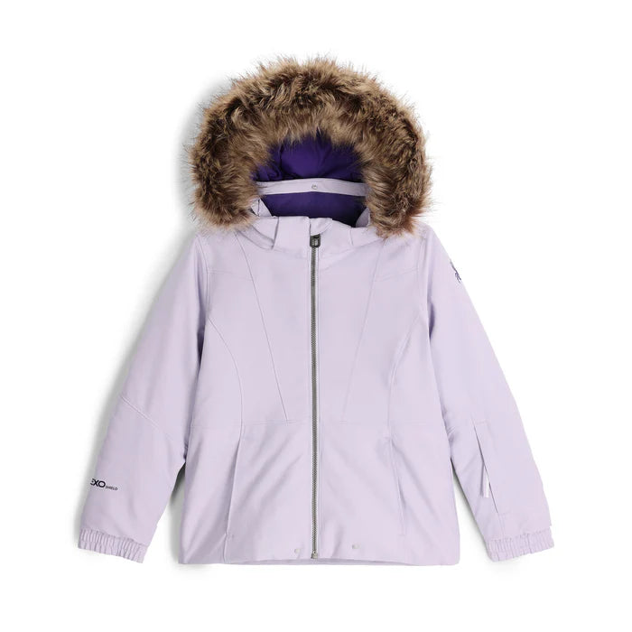 A Spyder Girls' Bitsy Lola Ski Jacket in purple with a faux fur hood, featuring a front zipper and a detachable hood.
