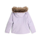 A Spyder Girls' Bitsy Lola Ski Jacket in purple with a faux fur hood, featuring a front zipper and a detachable hood.