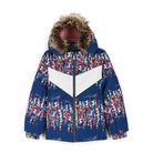 A navy blue with colorful pattern Spyder Girls' Bitsy Lola Ski Jacket (2025) that is breathable, waterproof, stretchable, and insulated.