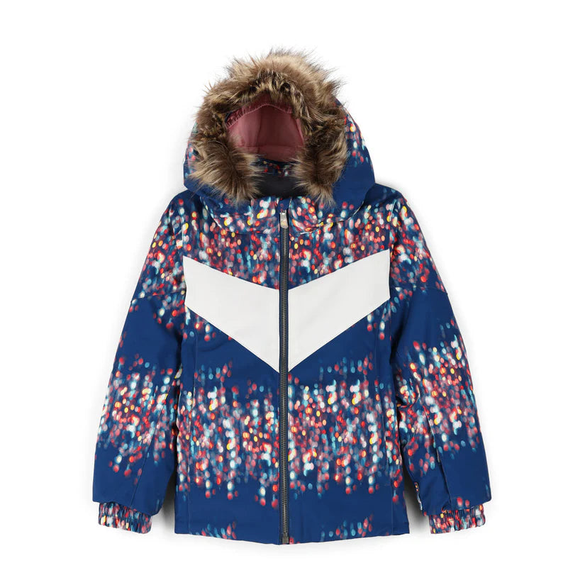 A navy blue with colorful pattern Spyder Girls' Bitsy Lola Ski Jacket (2025) that is breathable, waterproof, stretchable, and insulated.