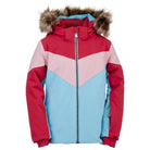 A pink and blue Spyder Girls' Bitsy Lola Ski Jacket (2025) that is breathable, waterproof, stretchable, and insulated.