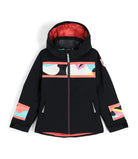 A black and multicolored Spyder Girls' Mila Ski Jacket that is waterproof, breathable, stretchable, and insulated.