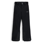 A pair of black Spyder Girls' Olympia Ski Pants that is waterproof and insulated with adjustable waist, belt loops, and back pockets.