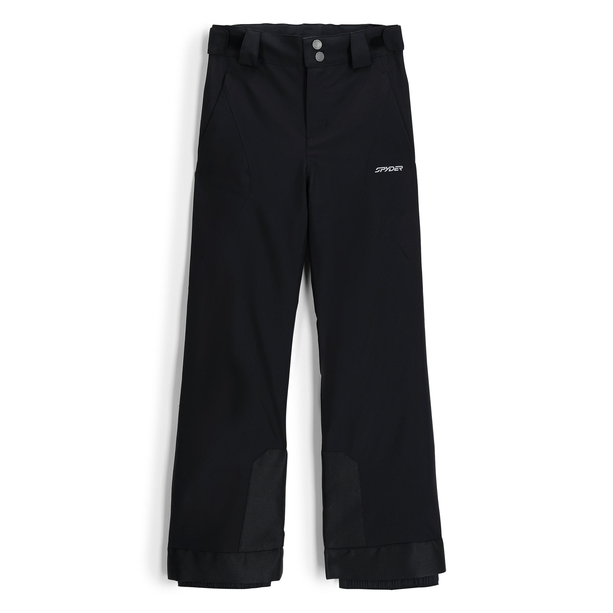 A pair of black Spyder Girls' Olympia Ski Pants that is waterproof and insulated with adjustable waist, belt loops, and back pockets.