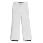 A pair of white Spyder Girls' Olympia Ski Pants that is waterproof and insulated with adjustable waist, belt loops, and back pockets.