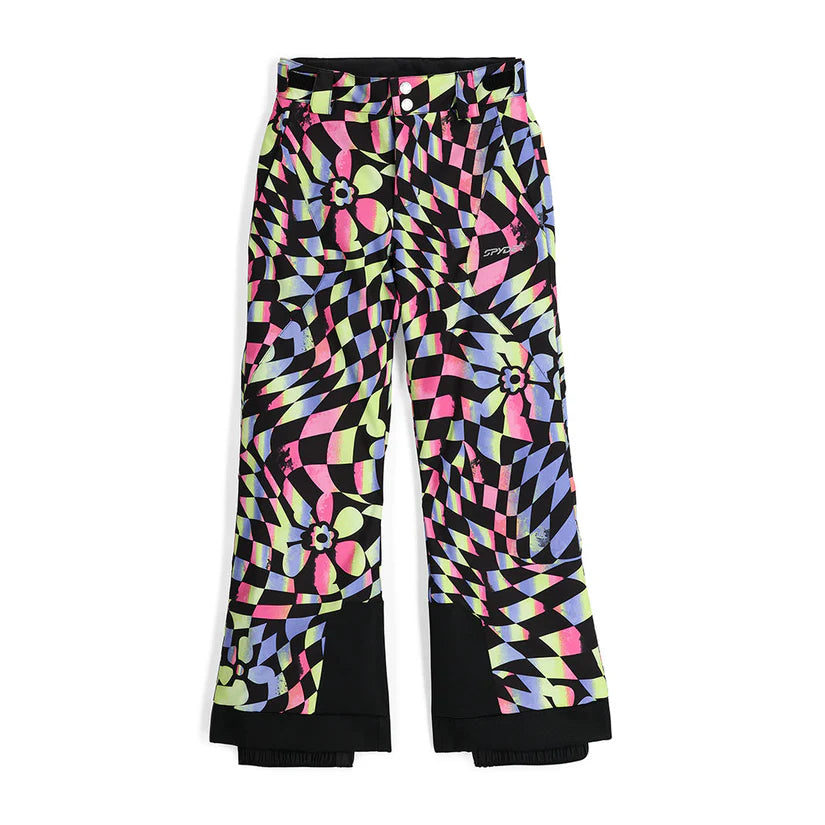 A pair of multicolour Spyder Girls' Olympia Ski Pants that is waterproof and insulated with adjustable waist, belt loops, and back pockets.