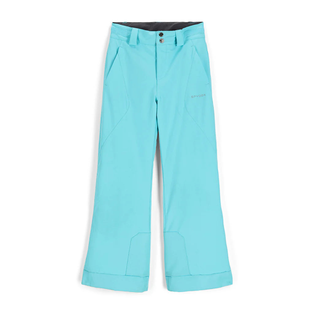 A pair of light blue Spyder Girls' Olympia Ski Pants that is waterproof and insulated with adjustable waist, belt loops, and back pockets.