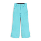 A pair of light blue Spyder Girls' Olympia Ski Pants that is waterproof and insulated with adjustable waist, belt loops, and back pockets.