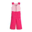 A pair of pink Spyder Girls' Sparkle Bib Ski Pants that are waterproof, breathable, stretchable, and insulated.