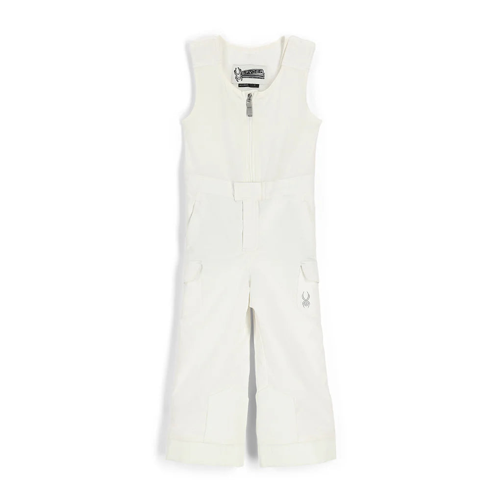A pair of white Spyder Girls' Sparkle Bib Ski Pants that are waterproof, breathable, stretchable, and insulated.