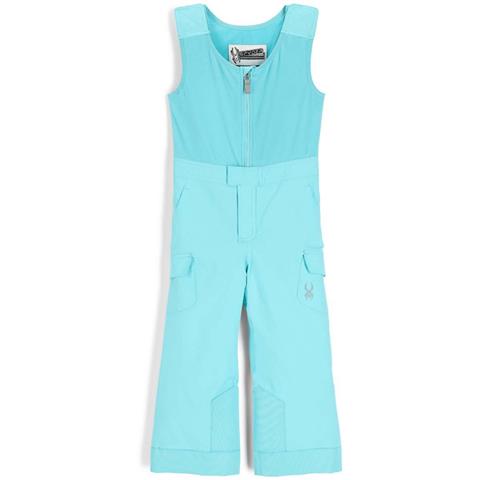 A pair of light blue Spyder Girls' Sparkle Bib Ski Pants that are waterproof, breathable, stretchable, and insulated.