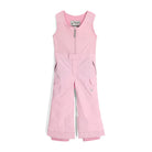A pair of light pink Spyder Girls' Sparkle Bib Ski Pants that are waterproof, breathable, stretchable, and insulated.