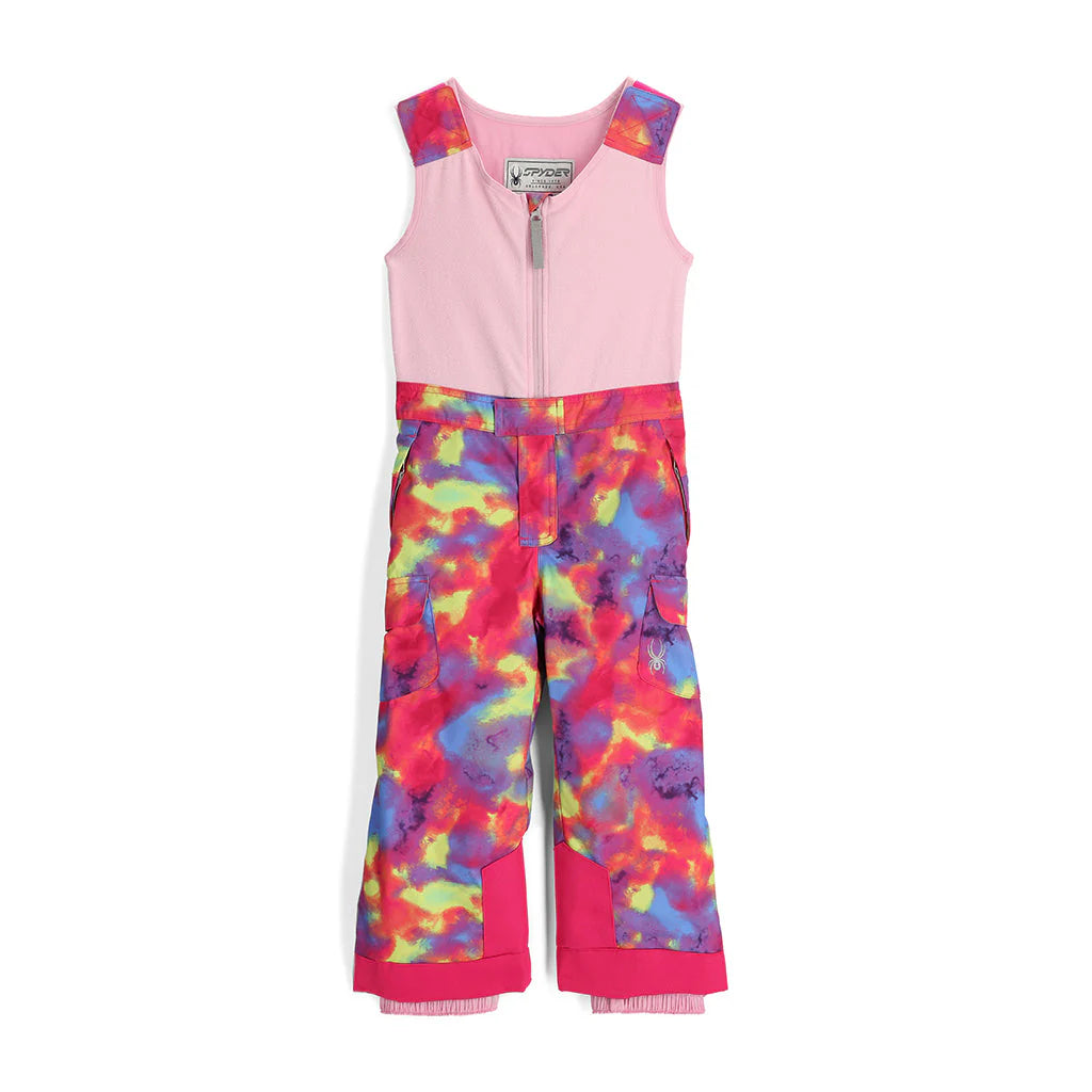 A pair of multicolored Spyder Girls' Sparkle Bib Ski Pants that are waterproof, breathable, stretchable, and insulated.
