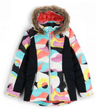 A multicolor Spyder Girls' Zadie Synthetic Down Ski Jacket, featuring a multicolored pattern and a fur-like lining at the hood.