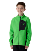 A boy wearing a green Spyder Boys’ Bandit Fleece Sweater Jacket featuring lightweight sweater-knit bonded fleece, stretch fleece side panels, brushed interior lining, and full-length YKK® center front zipper.