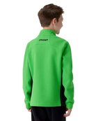 A boy wearing a green Spyder Boys’ Bandit Fleece Sweater Jacket featuring lightweight sweater-knit bonded fleece, stretch fleece side panels, brushed interior lining, and full-length YKK® center front zipper.
