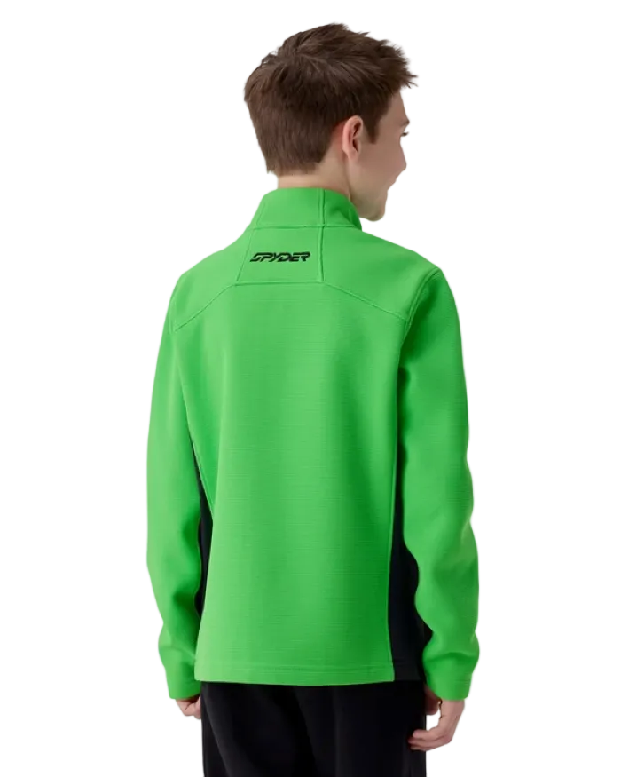 A boy wearing a green Spyder Boys’ Bandit Fleece Sweater Jacket featuring lightweight sweater-knit bonded fleece, stretch fleece side panels, brushed interior lining, and full-length YKK® center front zipper.