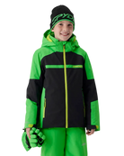 A boy wearing a Spyder Boys’ Challenger Jacket featuring EXO SHIELD 10K stretch recycled polyester shell, synthetic down insulation, fixed helmet-compatible hood, fixed powder skirt, and YKK® Vislon zippers.