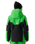 A boy wearing a Spyder Boys’ Challenger Jacket featuring EXO SHIELD 10K stretch recycled polyester shell, synthetic down insulation, fixed helmet-compatible hood, fixed powder skirt, and YKK® Vislon zippers.