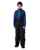 A boy wearing a Spyder Boys’ Propulsion Pants featuring EXO SHIELD 10K stretch recycled polyester shell, 60g ThermaWEB insulation, critically taped seams, removable adjustable suspenders, and inner snow gaiters.