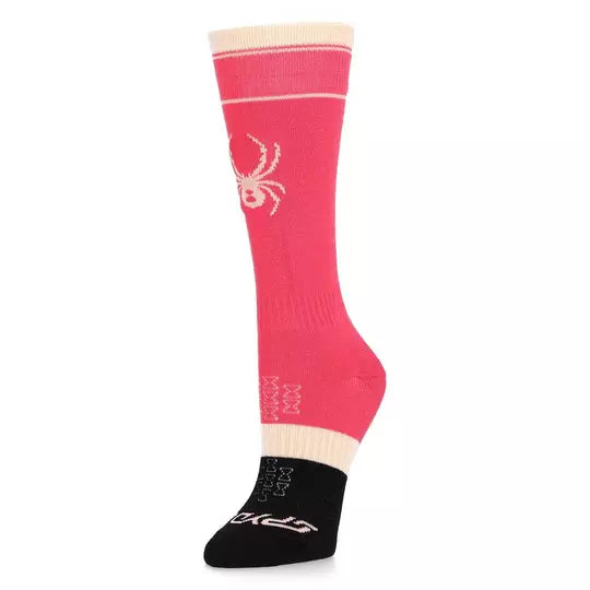 A pair of pink Spyder Junior Bug Liner Ski Socks that are breathable, stretchable, and moisture-wicking.