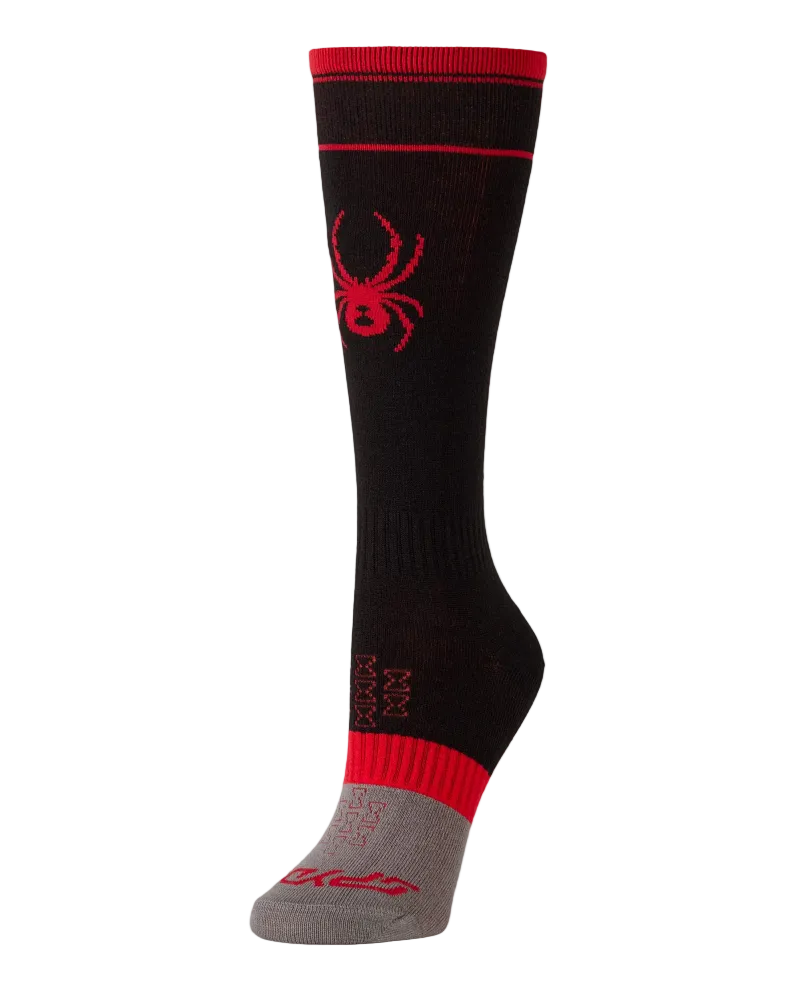 A Spyder Jr Bug Liner Ski Sock featuring high-density stretch performance knit, moisture-wicking synthetic blend, elastic arch support, and flat-knit toe construction.