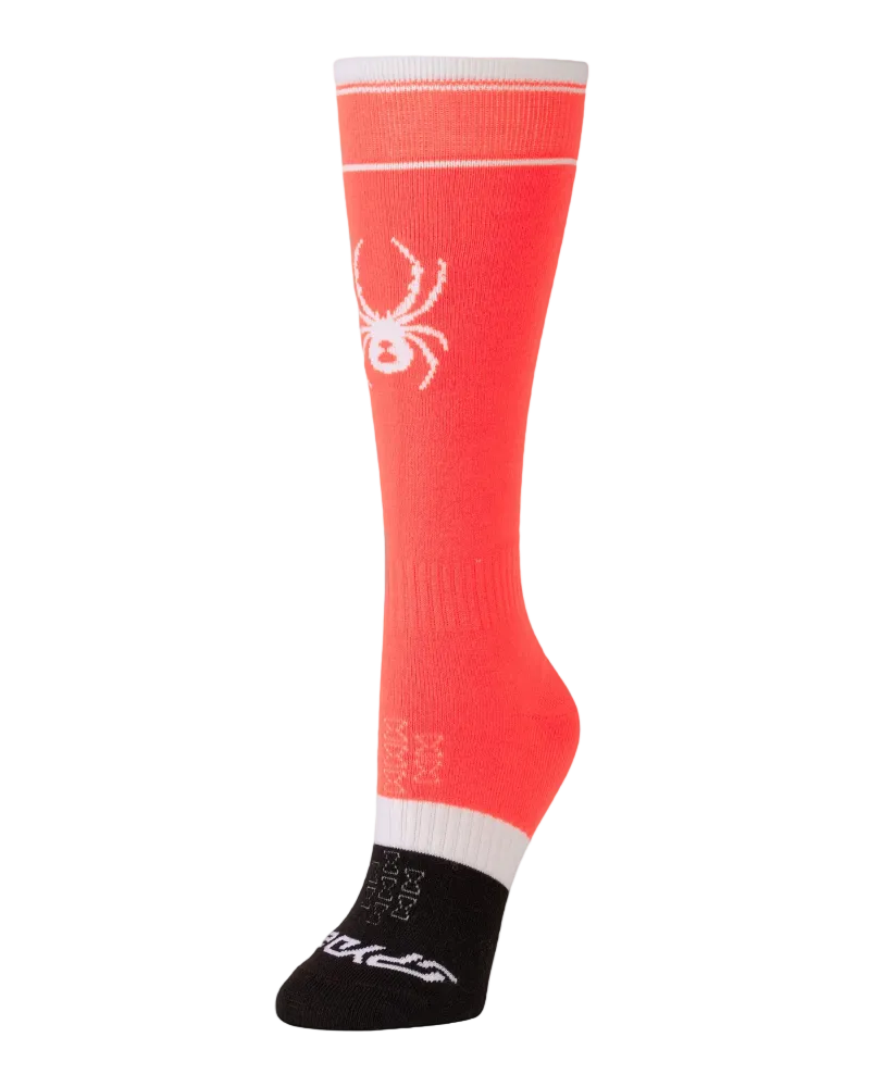A Spyder Jr Bug Liner Ski Sock featuring high-density stretch performance knit, moisture-wicking synthetic blend, elastic arch support, and flat-knit toe construction.