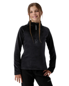 A girl wearing a Spyder Jr Girls’ Shimmer Bug 1/2 Zip Sweater featuring high-stretch velour fleece knit, YKK® reverse coil center front zipper, T-neck collar, and jeweled crystal logo.